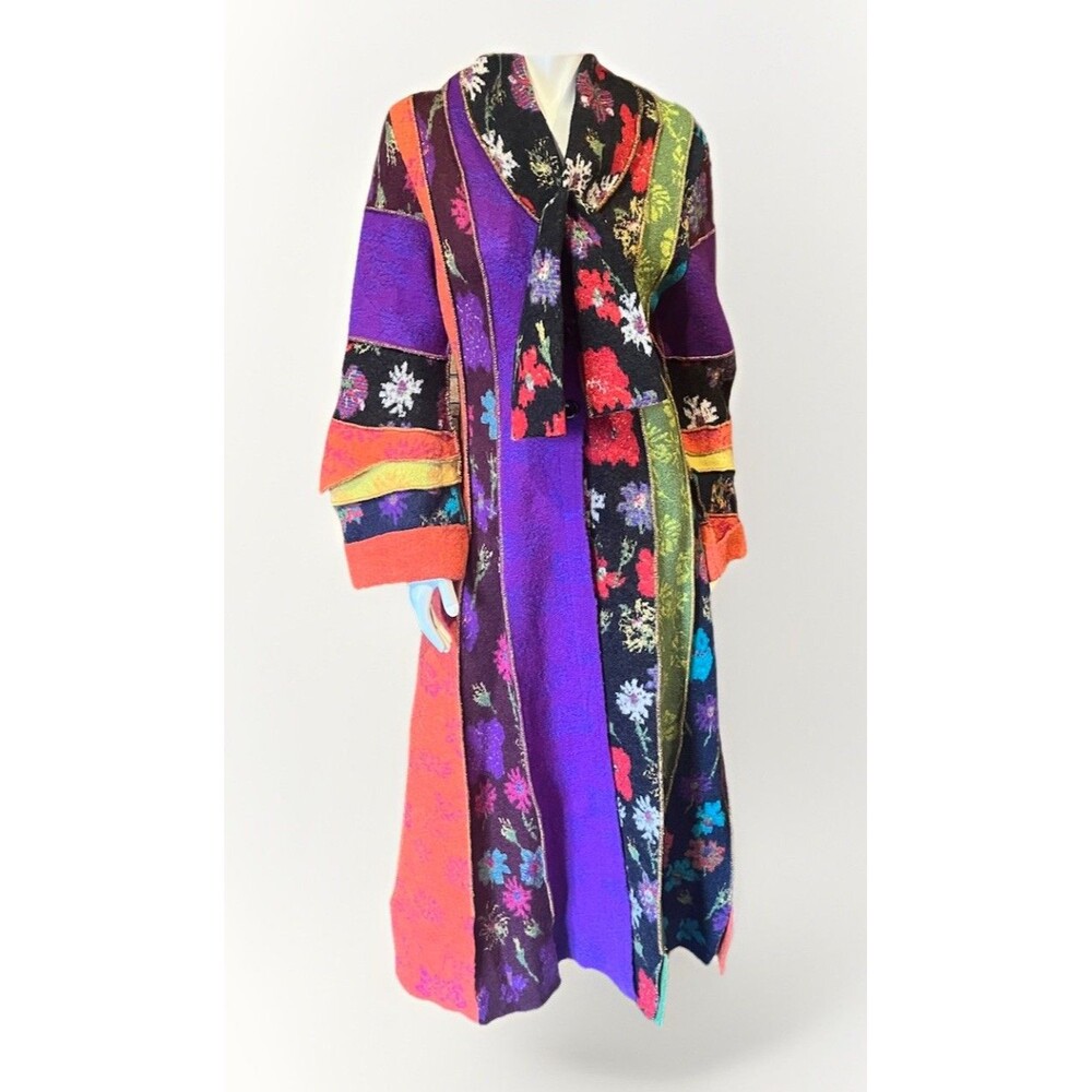 Louise Della Wool Blend Patchwork Maxi Sweater Coat Multi Print Size FR1 US XS/S